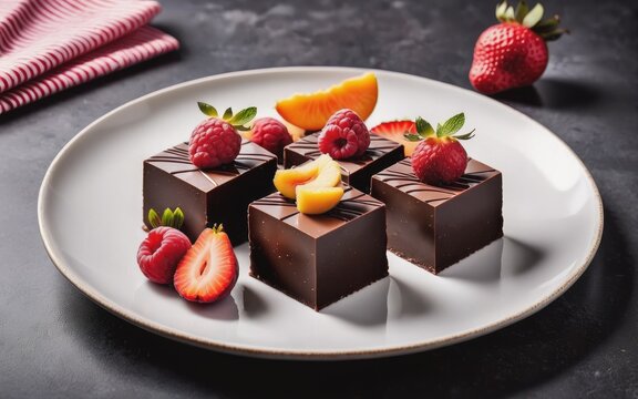 Cubes of chocolate and fruit on a plate
