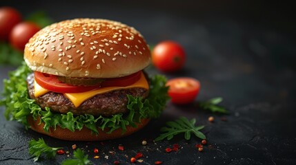 a hamburger with lettuce, tomato, and cheese on a black surface with tomatoes in the back ground.