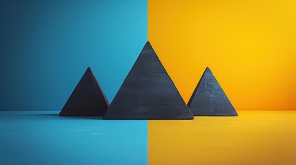 a group of three black pyramids sitting on top of a blue and yellow floor in front of a yellow wall.