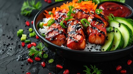 a close up of a bowl of food with meat and veggies on a black surface with garnishes.