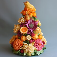 a close up of a fruit and flower arrangement on a gray background with oranges, pinks, and yellows.