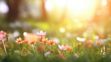 Beautiful blooming glade with green grass at the meadow with smooth bokeh sun light background.
