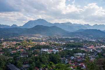 View of the countryside and the city of Luang Prabang from the top of Mount Phousi in Laos, Southeast Asia.