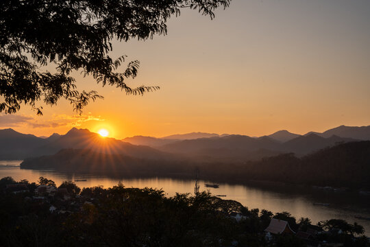 View of the countryside and the city of Luang Prabang from the top of Mount Phousi in Laos, Southeast Asia.