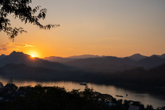 View of the countryside and the city of Luang Prabang from the top of Mount Phousi in Laos, Southeast Asia.