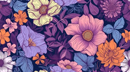 flower, doodle, seamless pattern isolated on purple background. Generative Ai