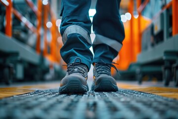 Worker with safety boots in an industrial environment - obrazy, fototapety, plakaty