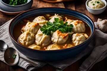 A bowl of satisfying chicken and dumplings with fluffy dumplings.