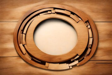 a circle wooden photo frame  covered with leaves 