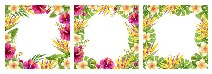 Set Tropical frame. Hand drawn watercolor painting with hibiscus, strelitzia, paradise bird flowers and palm leaves.