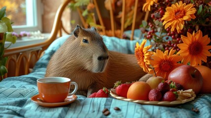 Beautiful capybara lies in bed with a cup of coffee, fruits and spring flowers