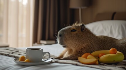 Beautiful capybara lying in bed with a cup of coffee and fruit