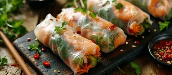 A close up view of a plate of food with chopsticks on a table, showcasing various delicious dishes like Rice noodle rolls, Nem, Tofu skin rolls, and more.