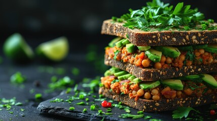 a close up of a stack of sandwiches with avocado and chickpeas on top of each sandwich.