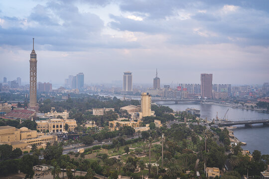 Cairo, Egypt - October 25, 2022. Views of the buildings and the Nile river in the old Cairo city