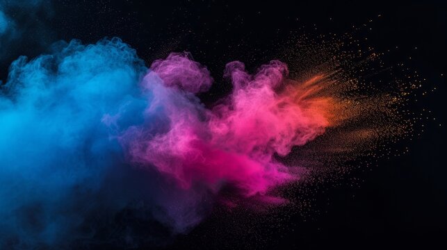 Colored scattering of multi-colored powder on a dark background. Holi celebration concept in India