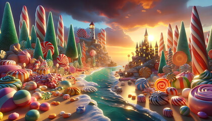 3D Sweet candy land. Cartoon game background. - obrazy, fototapety, plakaty