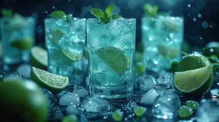 a group of glasses filled with ice and limes next to limes and ice cubes on a table.