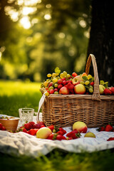 Summer romantic picnic in park. Basket of fruits on grass. Pie, berries, wine. Summertime