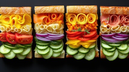 a close up of a sandwich made out of sliced up veggies and sliced into spirals on a black background.