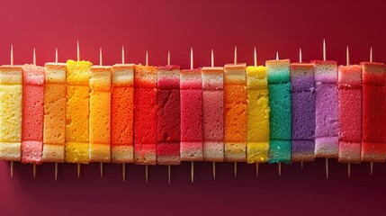 a row of rainbow colored marshmallows with toothpicks sticking out of them on a pink background. - obrazy, fototapety, plakaty