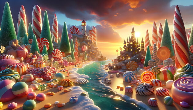 3D Sweet candy land. Cartoon game background.