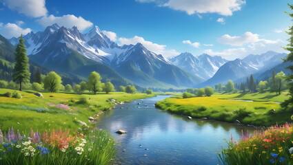 Harmonious Convergence, Majestic Mountains, Lush Meadows, and Crystal Clear Waters in a Serene Valley