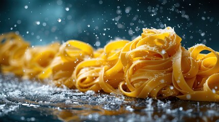 a close up of a pile of pasta on a table with water droplets on the top and bottom of the noodles.