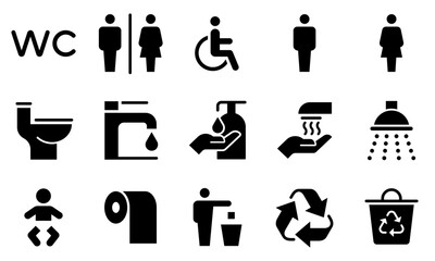 toilet vector icons set, male or female restroom wc - obrazy, fototapety, plakaty