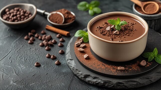 a bowl of chocolate pudding with mint sprigs and chocolate chips on a slate platter with spoons.