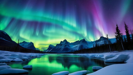 A stunning panorama of the snow and the mountains, illuminated by the dancing Northern Lights.