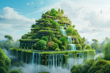 Illustration of an eco-friendly futuristic building covered in verdant greenery, shrubs, and trees. Cascading waterfalls flow from one level to the next. Concept of environmental utopia.