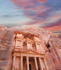Al Khazneh or The Treasury (against the background of a beautiful sky with clouds). Petra, Jordan--...