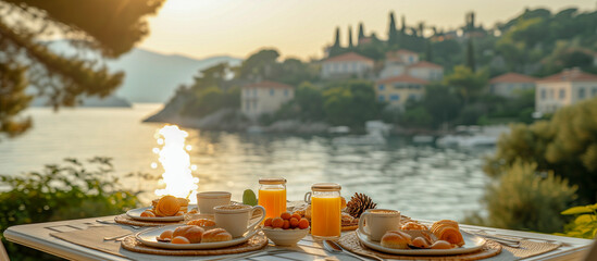 a breakfast on a table with sea panorama in summer