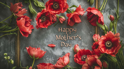 Mother's Day Card Greeting With Text "Happy Mother's Day" And Red Roses. Mother's Day Background And Festive Mother Banner