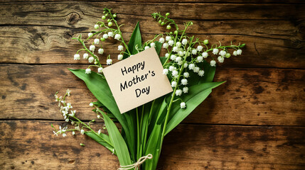 Mother's Day Card Greeting With Text "Happy Mother's Day" with Lily Of The Valley Blooms Against A Wooden Background. Mother's Day Background And Festive Mother Banner
