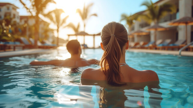 Hotel guests enjoying resort amenities in the pool, portraying relaxation and the leisurely experience offered by the hospitality industry