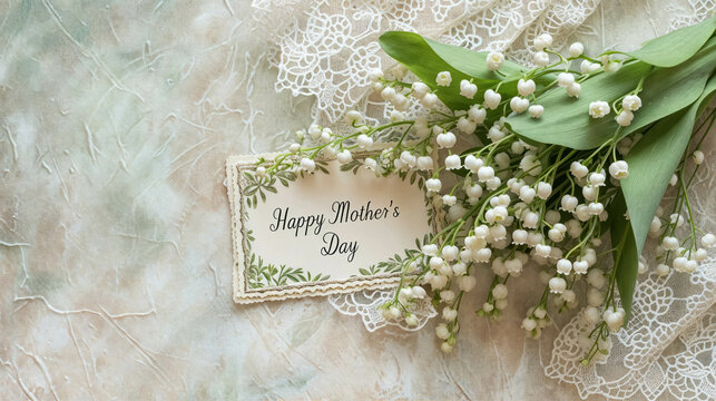Mother's Day Card Greeting With Text "Happy Mother's Day" with Lily Of The Valley Blooms On A Lace Fabric Background. Mother's Day Background And Festive Mother Banner