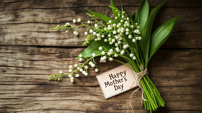 Mother's Day Card Greeting With Text "Happy Mother's Day" with Lily Of The Valley Blooms Against A Wooden Background. Mother's Day Background And Festive Mother Banner