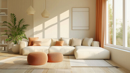 Frames mock up on color wall hanging above cozy home sofa. Modern living room comfortable stylish trendy couch posters decor background. Empty blank pictures canvas interior design decoration mockup .