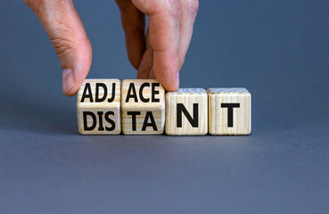 Adjacent or distant symbol. Businessman turns beautiful wooden cubes and changes word Distant to Adjacent. Beautiful grey table grey background. Copy space. Business adjacent or distant concept.