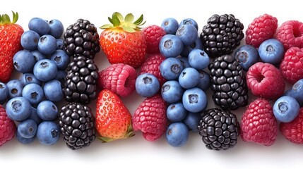 berries, raspberries, blueberries, and strawberries are arranged in a row on a white background. - obrazy, fototapety, plakaty