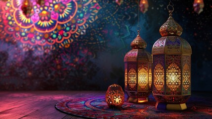 Arabian Ambiance: Lantern Ornaments Elevating Islamic Design Backdrops, Created by Generative AI