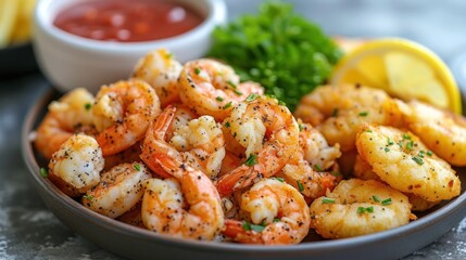 a bowl filled with shrimp and garnished with parsley next to a bowl of ketchup and lemon wedges.