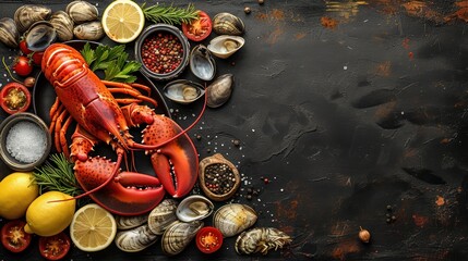 a lobster, clams, lemons, and other foods are arranged on a black background with space for text. - obrazy, fototapety, plakaty
