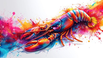 a colorful painting of a lobster with splots of paint on it's body and a large head.
