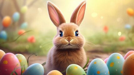 Fototapeta na wymiar Easter illustration of a cute brown rabbit with coloured eggs and a blurry background 