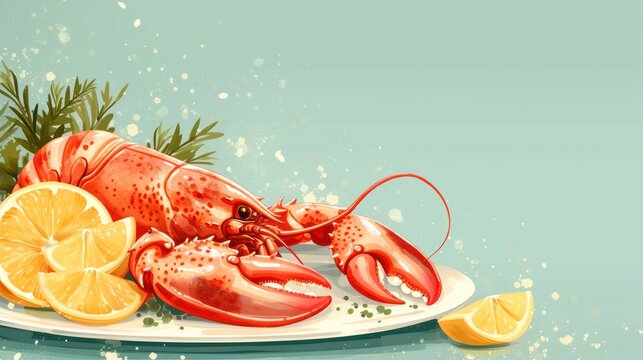 a painting of a lobster on a plate with lemons and a rosemary sprig on a blue background.