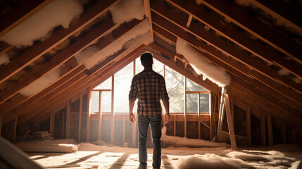 Efficient home upgrade, man insulating attic. Skilled worker enhances thermal efficiency, transforming houses into energy-savvy havens. Building for a sustainable future