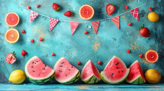 watermelon slices, lemons, strawberries, and strawberries on a blue background with bunting.